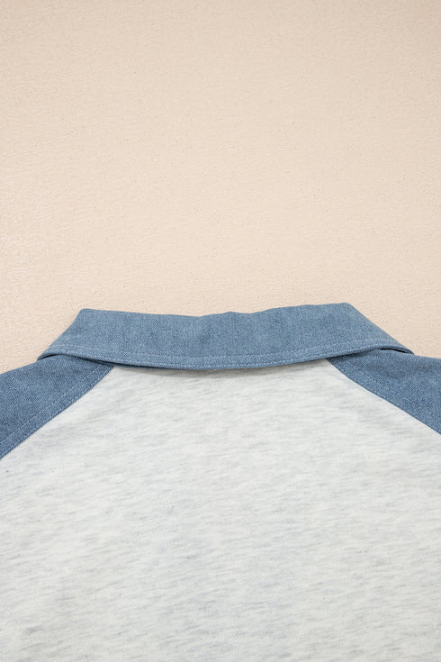 Western Denim Patchwork Cuffed Sleeve Polo Tee