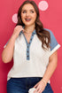 Western Denim Patchwork Cuffed Sleeve Polo Tee