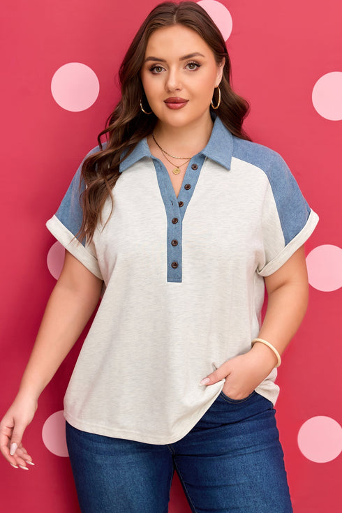 Western Denim Patchwork Cuffed Sleeve Polo Tee