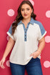 Western Denim Patchwork Cuffed Sleeve Polo Tee