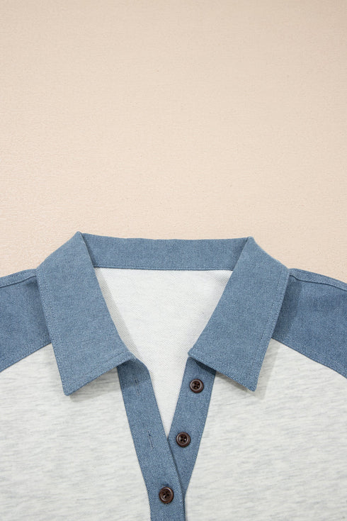 Western Denim Patchwork Cuffed Sleeve Polo Tee