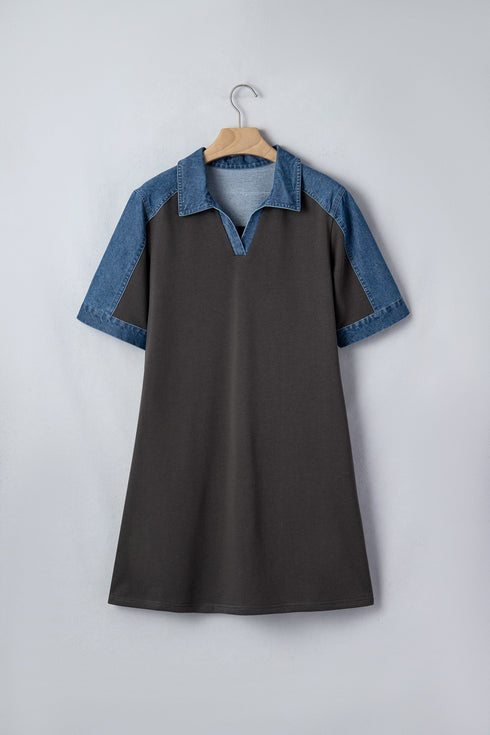 Western Denim Patchwork Polo Collar Shift T Shirt Dress