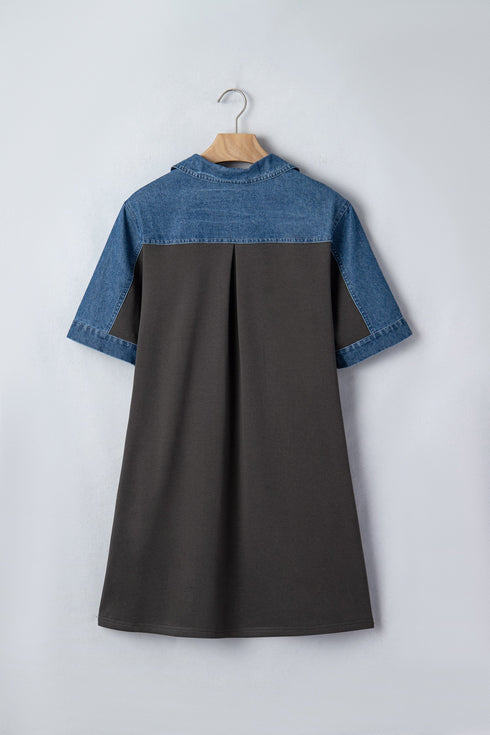 Western Denim Patchwork Polo Collar Shift T Shirt Dress