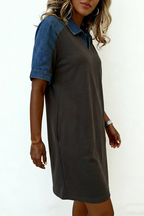 Western Denim Patchwork Polo Collar Shift T Shirt Dress