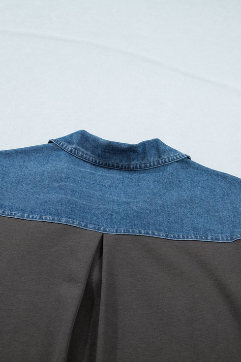 Western Denim Patchwork Polo Collar Shift T Shirt Dress