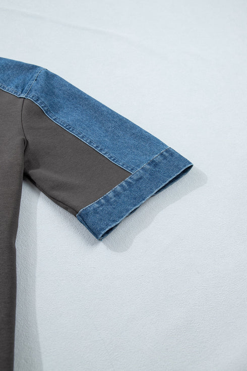 Western Denim Patchwork Polo Collar Shift T Shirt Dress