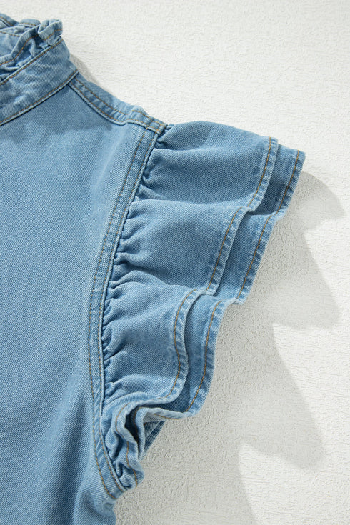 Western Denim Ruffle Sleeve Button Down Mini Dress