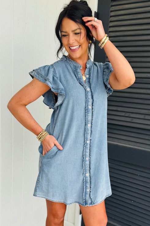 Western Denim Ruffle Sleeve Button Down Mini Dress