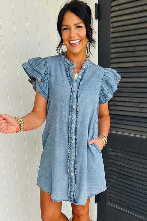Western Denim Ruffle Sleeve Button Down Mini Dress