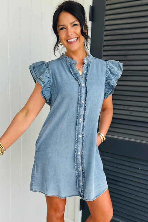 Western Denim Ruffle Sleeve Button Down Mini Dress