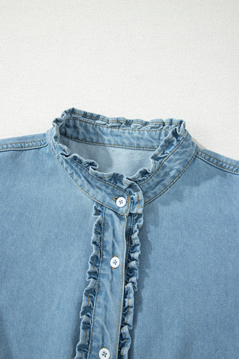 Western Denim Ruffle Sleeve Button Down Mini Dress