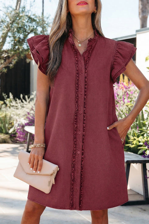 Western Denim Ruffle Sleeve Button Down Mini Dress