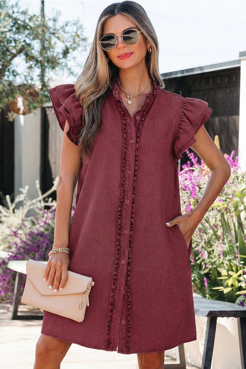 Western Denim Ruffle Sleeve Button Down Mini Dress