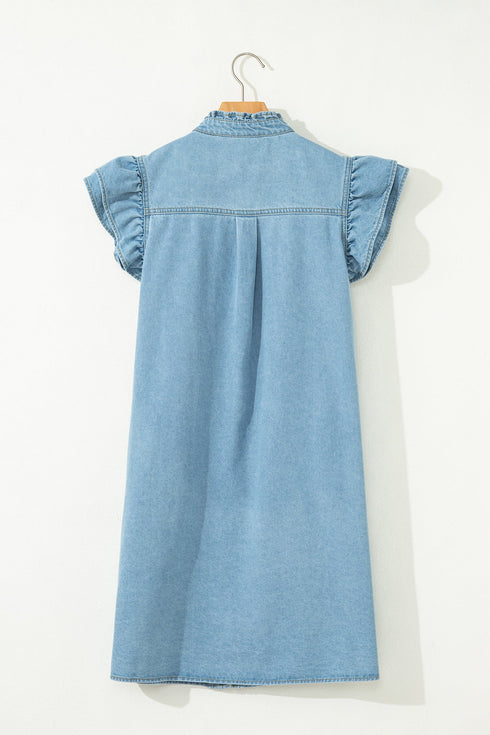 Western Denim Ruffle Sleeve Button Down Mini Dress