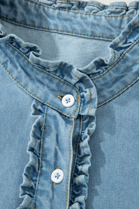 Western Denim Ruffle Sleeve Button Down Mini Dress