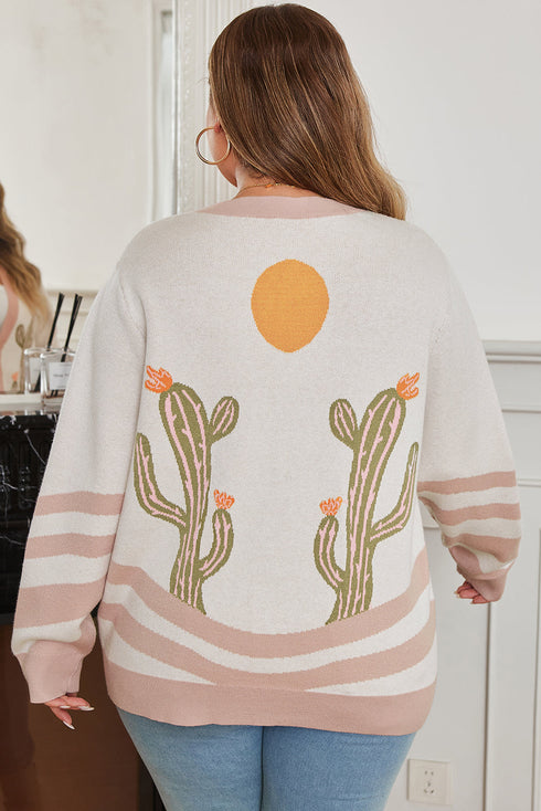 Western Desert Cactus Print Patchwork Button Cardigan Sweater