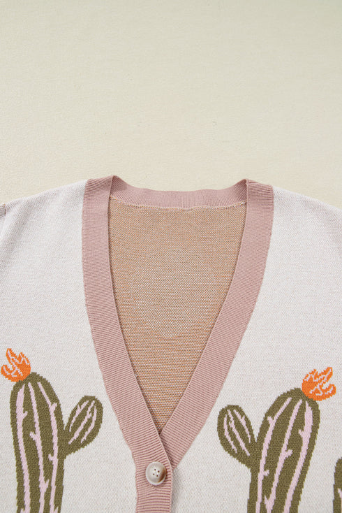 Western Desert Cactus Print Patchwork Button Cardigan Sweater