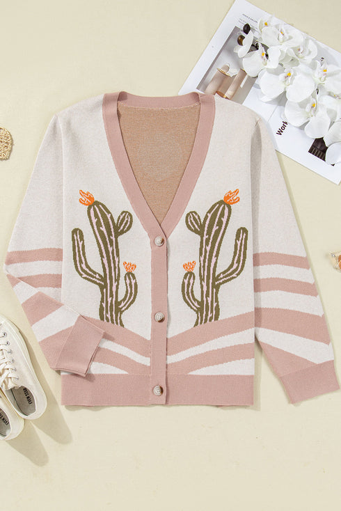 Western Desert Cactus Print Patchwork Button Cardigan Sweater