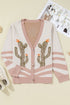 Western Desert Cactus Print Patchwork Button Cardigan Sweater