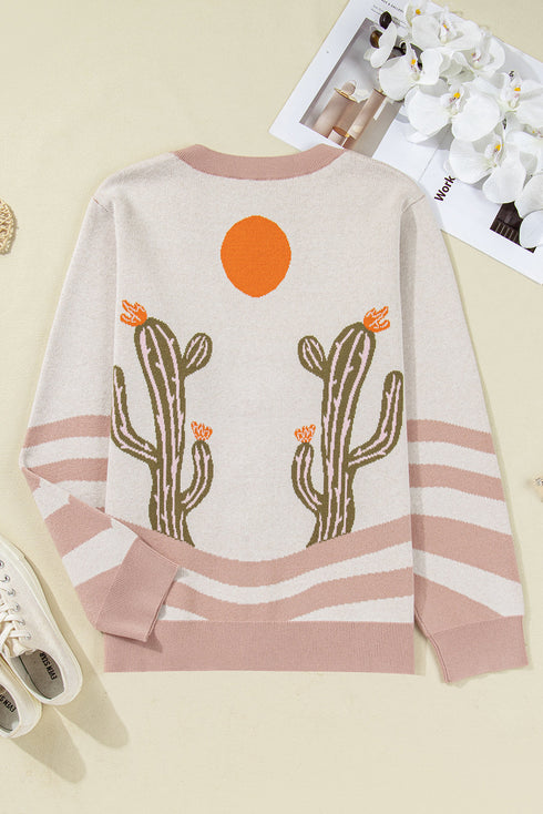 Western Desert Cactus Print Patchwork Button Cardigan Sweater