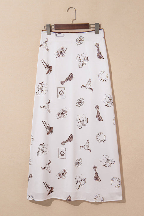 Western Desert Satin Long Skirt with Western Print