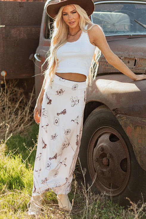 Western Desert Satin Long Skirt with Western Print