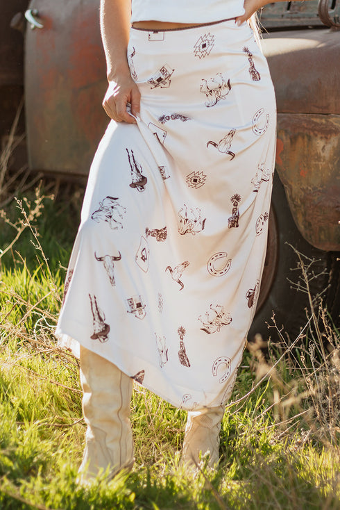 Western Desert Satin Long Skirt with Western Print