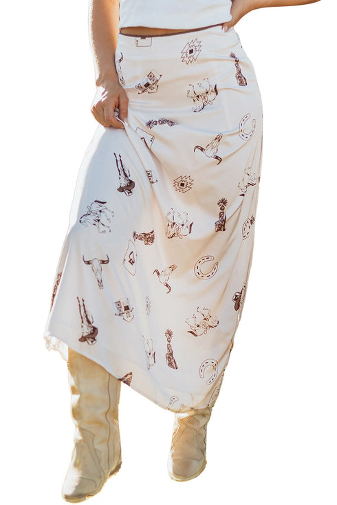Western Desert Satin Long Skirt with Western Print