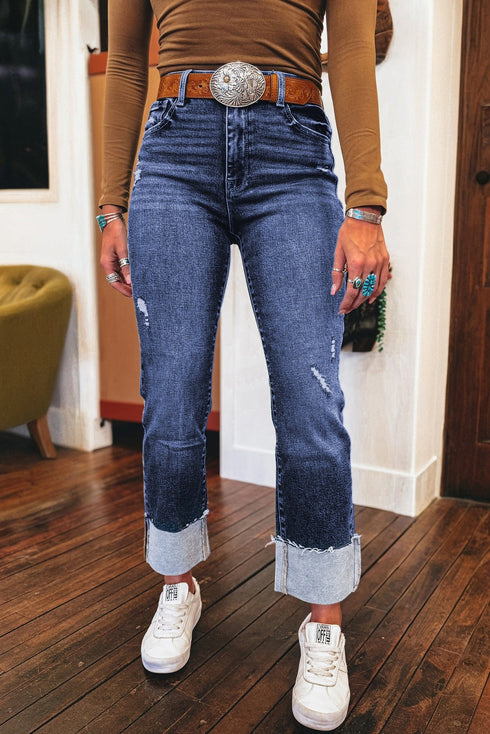 Western Distressed Folded Cuff Straight High Waist Jeans