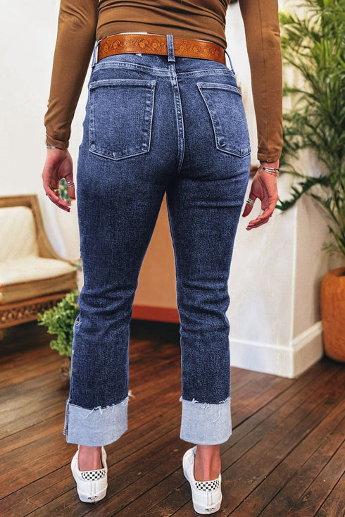 Western Distressed Folded Cuff Straight High Waist Jeans