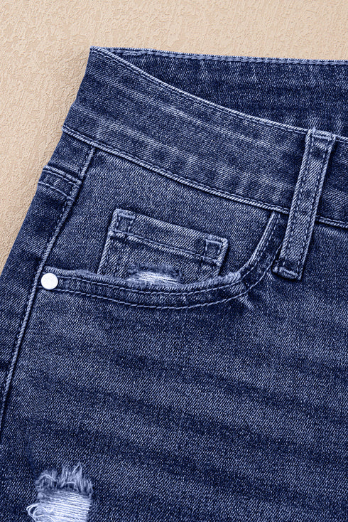 Western Distressed Folded Cuff Straight High Waist Jeans