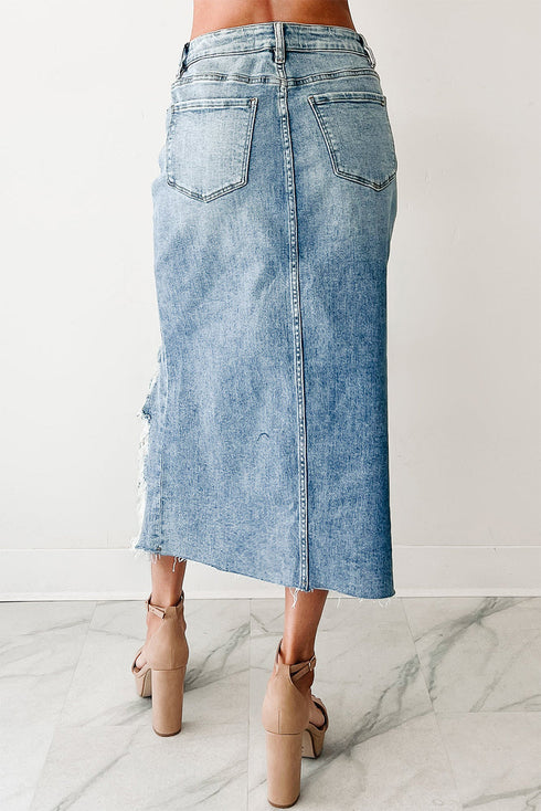 Western Distressed Raw Edge Asymmetrical Hem Stretch Denim Midi Skirt