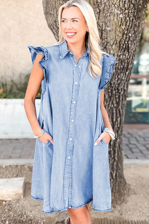 Western Double Ruffled Sleeve Buttoned Collared Denim Mini Dress
