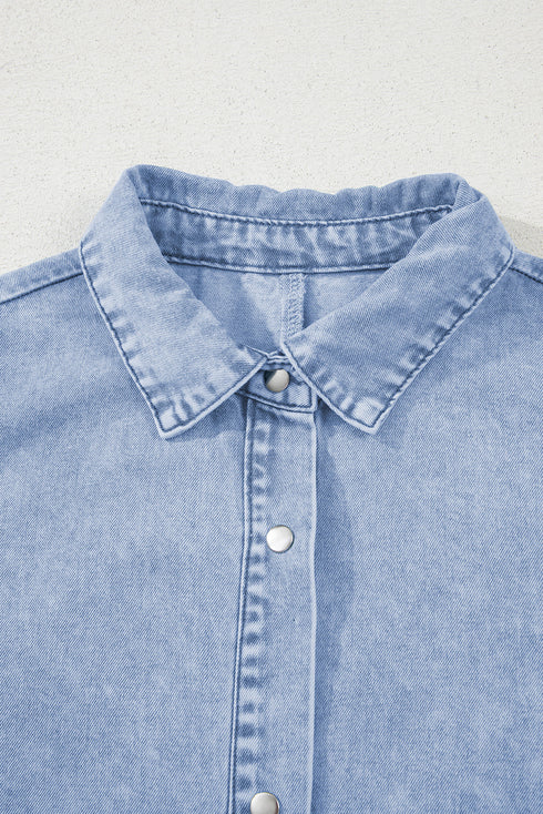 Western Double Ruffled Sleeve Buttoned Collared Denim Mini Dress