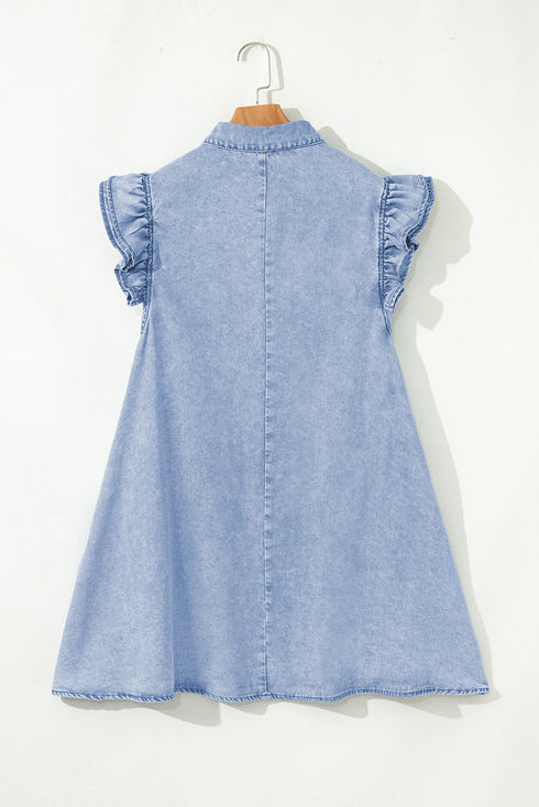 Western Double Ruffled Sleeve Buttoned Collared Denim Mini Dress