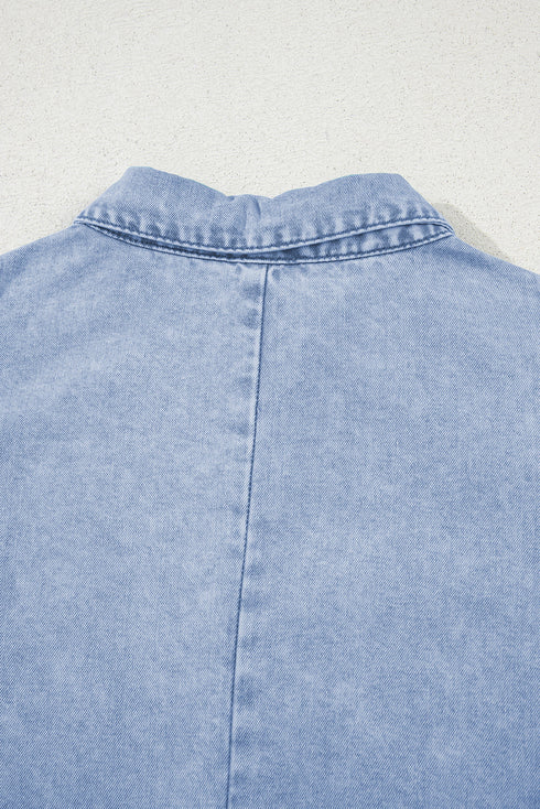 Western Double Ruffled Sleeve Buttoned Collared Denim Mini Dress