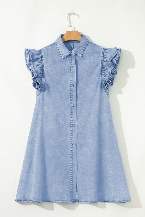 Western Double Ruffled Sleeve Buttoned Collared Denim Mini Dress