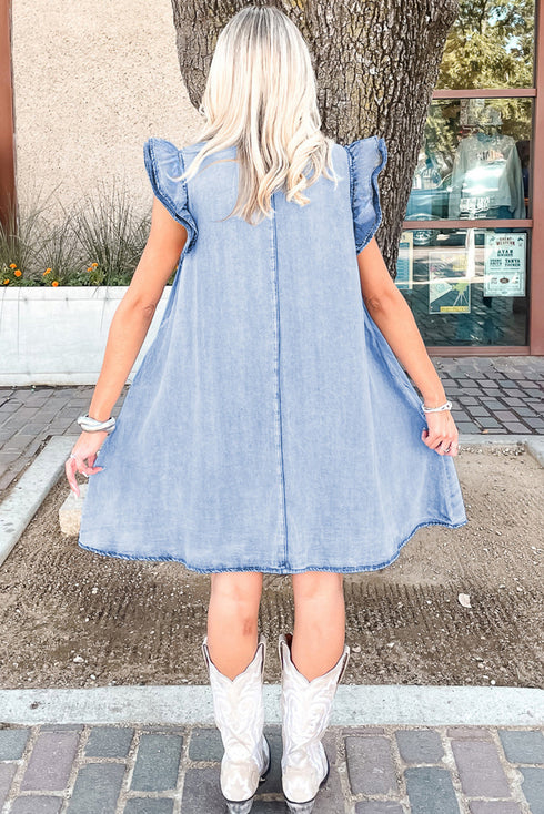 Western Double Ruffled Sleeve Buttoned Collared Denim Mini Dress