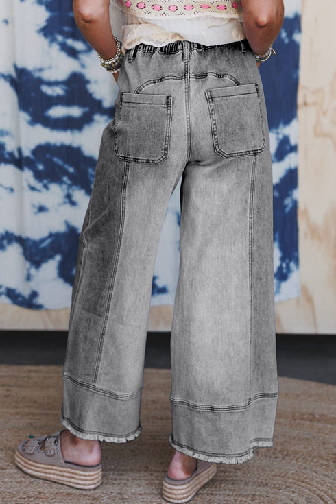 Western Drawstring Seam Detail Raw Hem Wide Leg Jeans