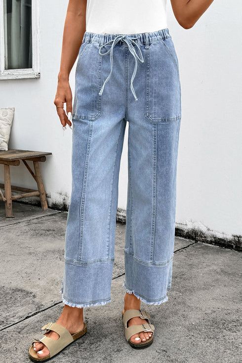 Western Drawstring Seam Detail Raw Hem Wide Leg Jeans