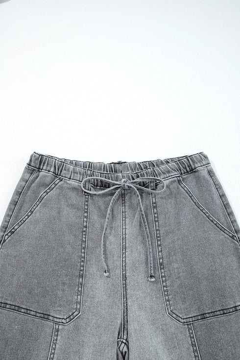Western Drawstring Seam Detail Raw Hem Wide Leg Jeans
