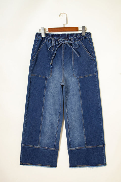 Western Drawstring Seam Detail Raw Hem Wide Leg Jeans
