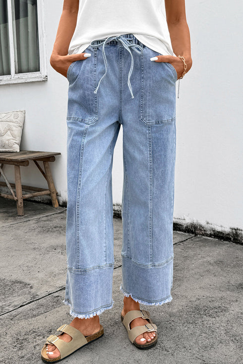 Western Drawstring Seam Detail Raw Hem Wide Leg Jeans