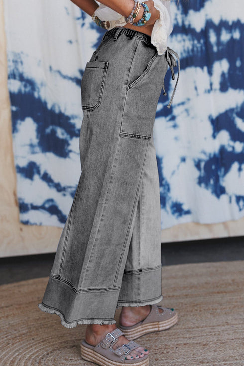 Western Drawstring Seam Detail Raw Hem Wide Leg Jeans