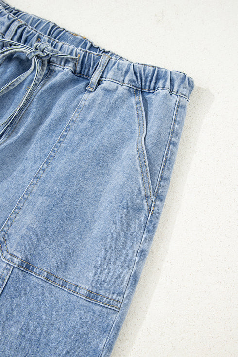 Western Drawstring Seam Detail Raw Hem Wide Leg Jeans