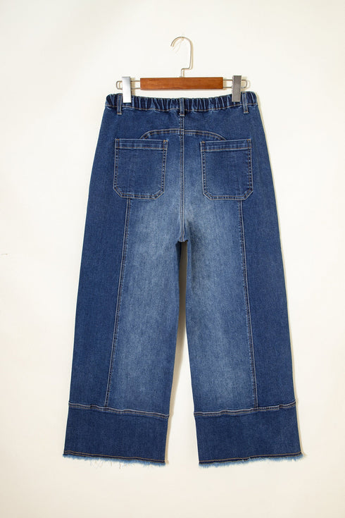 Western Drawstring Seam Detail Raw Hem Wide Leg Jeans