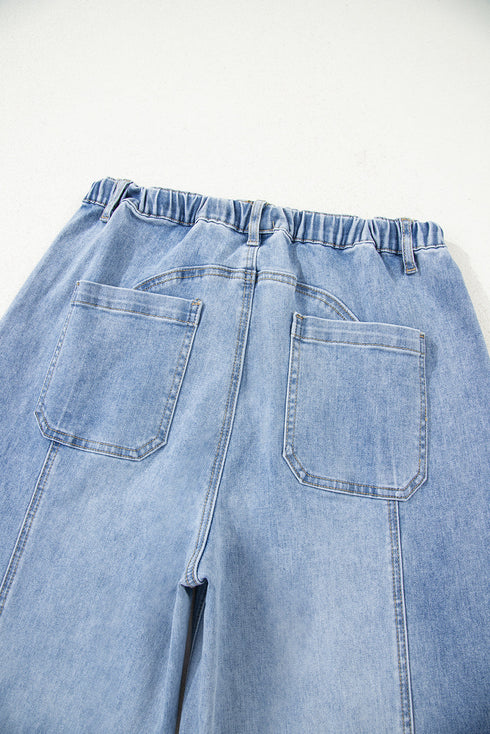 Western Drawstring Seam Detail Raw Hem Wide Leg Jeans