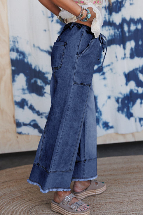 Western Drawstring Seam Detail Raw Hem Wide Leg Jeans