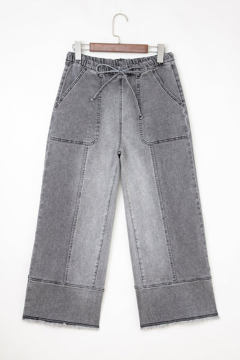Western Drawstring Seam Detail Raw Hem Wide Leg Jeans