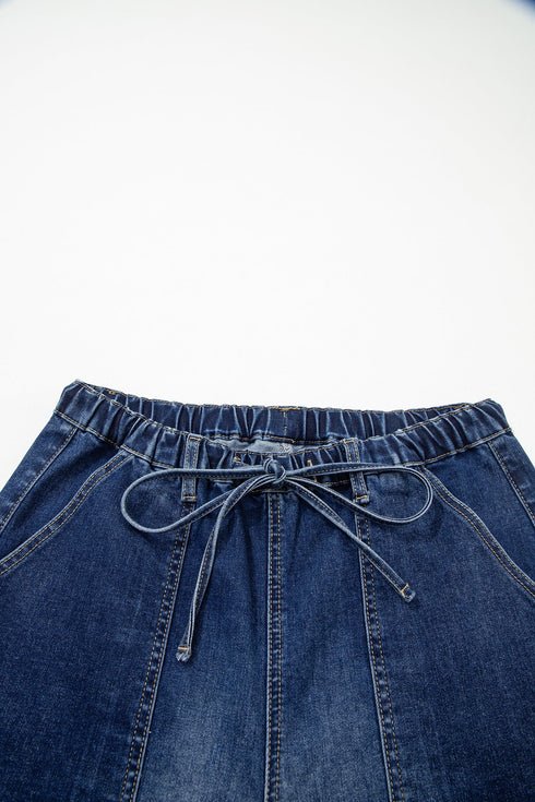 Western Drawstring Seam Detail Raw Hem Wide Leg Jeans